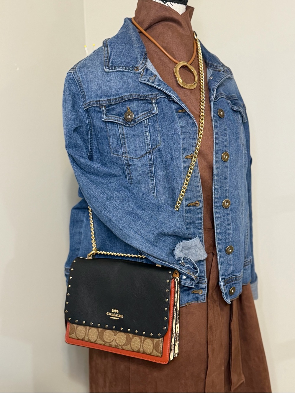 Coach Klare Colorblock Chain Crossbody Bag in Black, Brown Signature and Orange